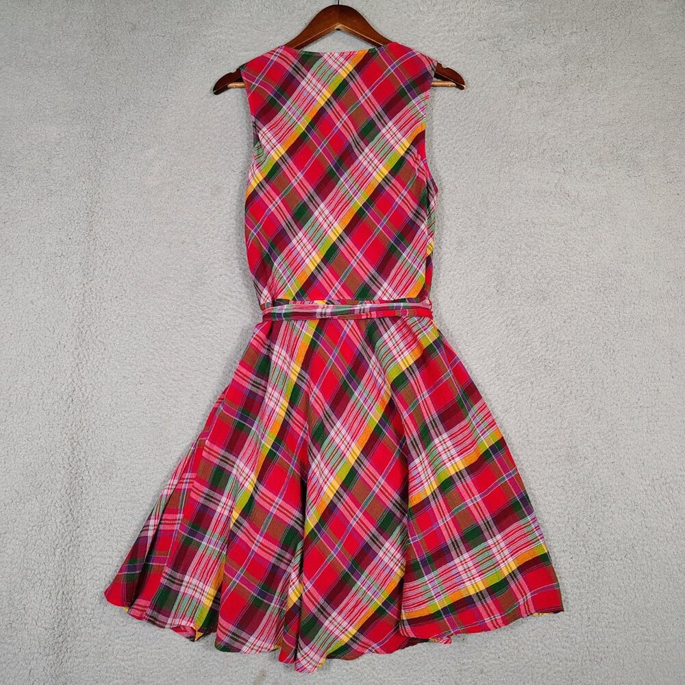Lauren Ralph Lauren Midi Dress Women's 12 Red Multi Plaid Crinkle Surplice Neck - Picture 11 of 11